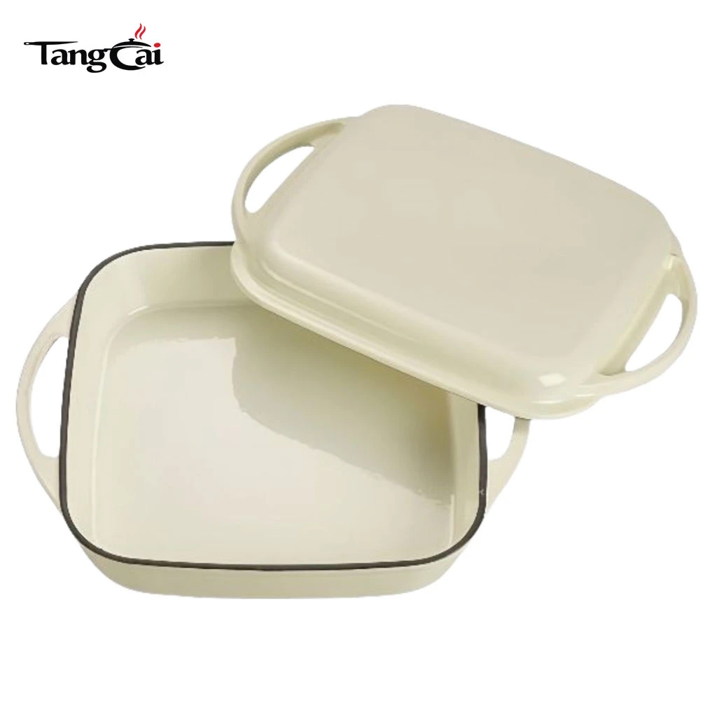 Cuisini&egrave;re combin&eacute;e 2-en-1 en fonte &eacute;maill&eacute;e blanc cr&egrave;me, r&ocirc;tissoire carr&eacute;e avec couvercle de gril