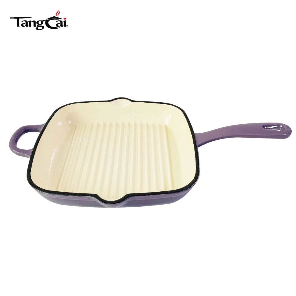 Po&ecirc;le grill carr&eacute;e en fonte &eacute;maill&eacute;e de grande taille avec double bec verseur