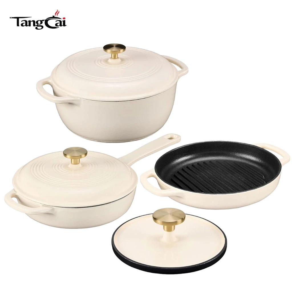 Vente en gros de 4&nbsp;pi&egrave;ces de batterie de cuisine en fonte &eacute;maill&eacute;e&nbsp;&ndash;&nbsp;Ensemble de four hollandais antiadh&eacute;sif et de po&ecirc;les &agrave; griller