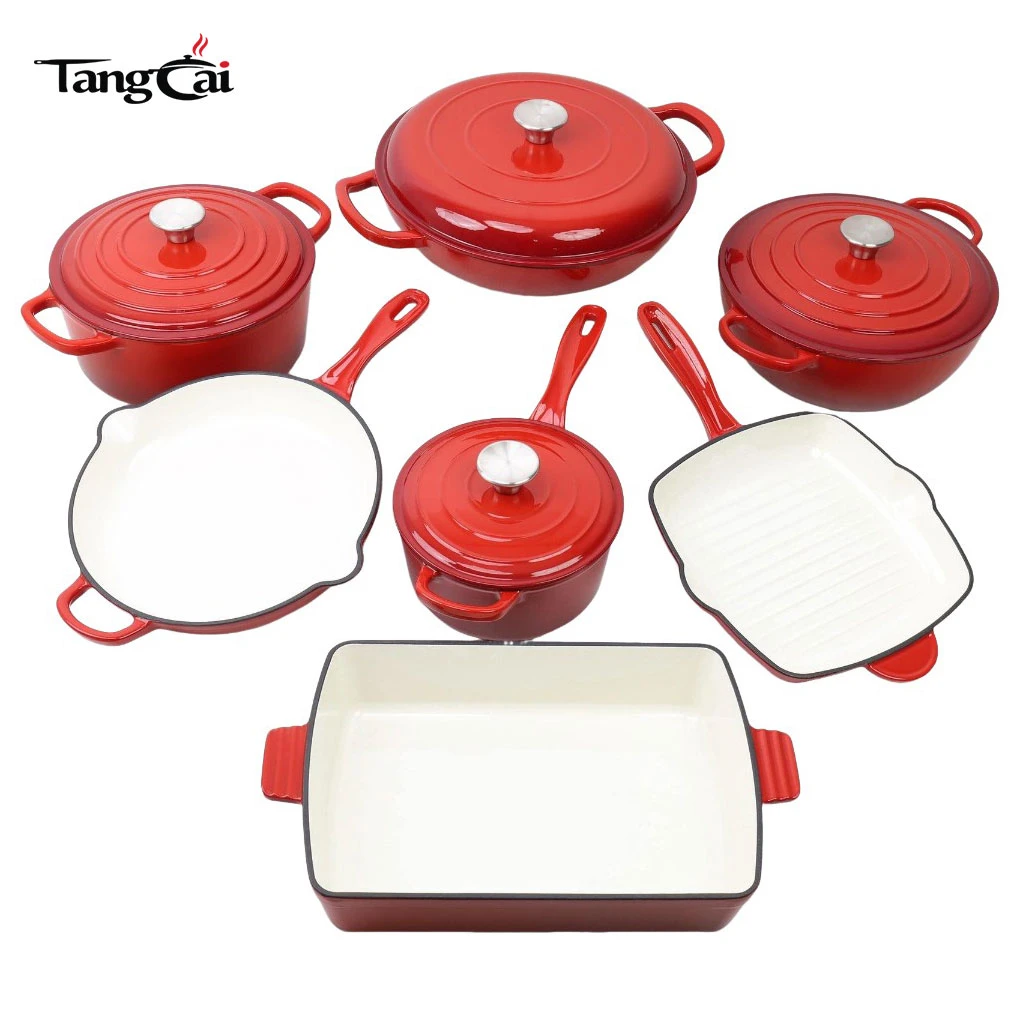 Batterie de cuisine en fonte &eacute;maill&eacute;e en gros de 7&nbsp;pi&egrave;ces, casseroles et po&ecirc;les multicolores, ensembles d'ustensiles de cuisine populaires