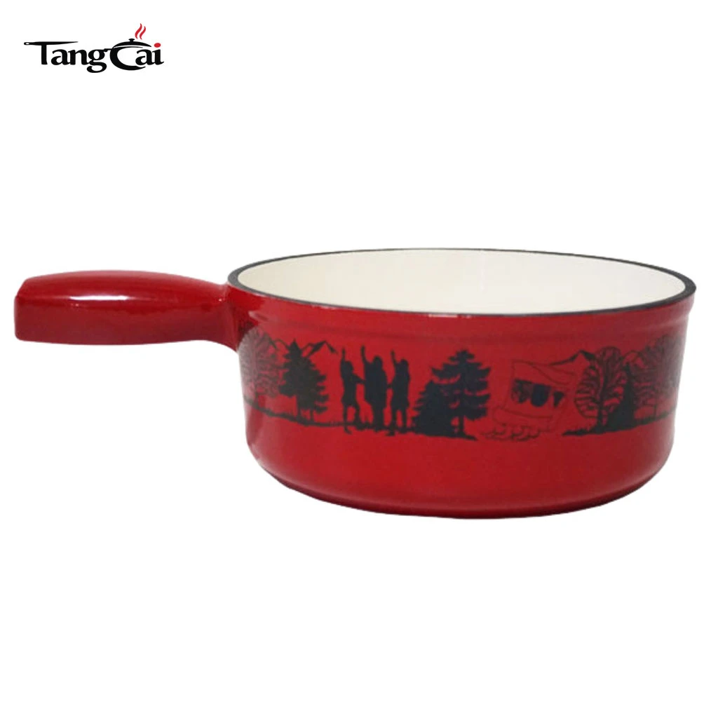 Casserole &agrave; fondue en fonte &eacute;maill&eacute;e rouge personnalis&eacute;e avec motif panoramique imprim&eacute;
