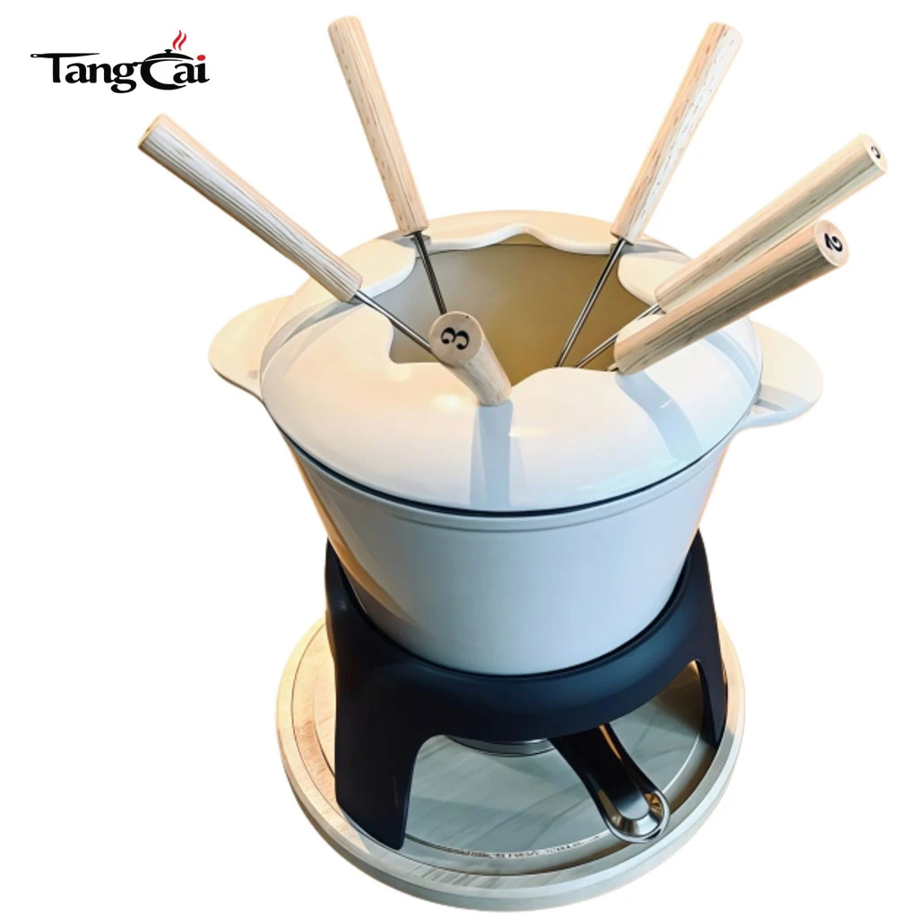 Service &agrave; fondue en fonte &eacute;maill&eacute;e avec support et fourchettes en m&eacute;tal, fondoir &agrave; chocolat 1,6 QT