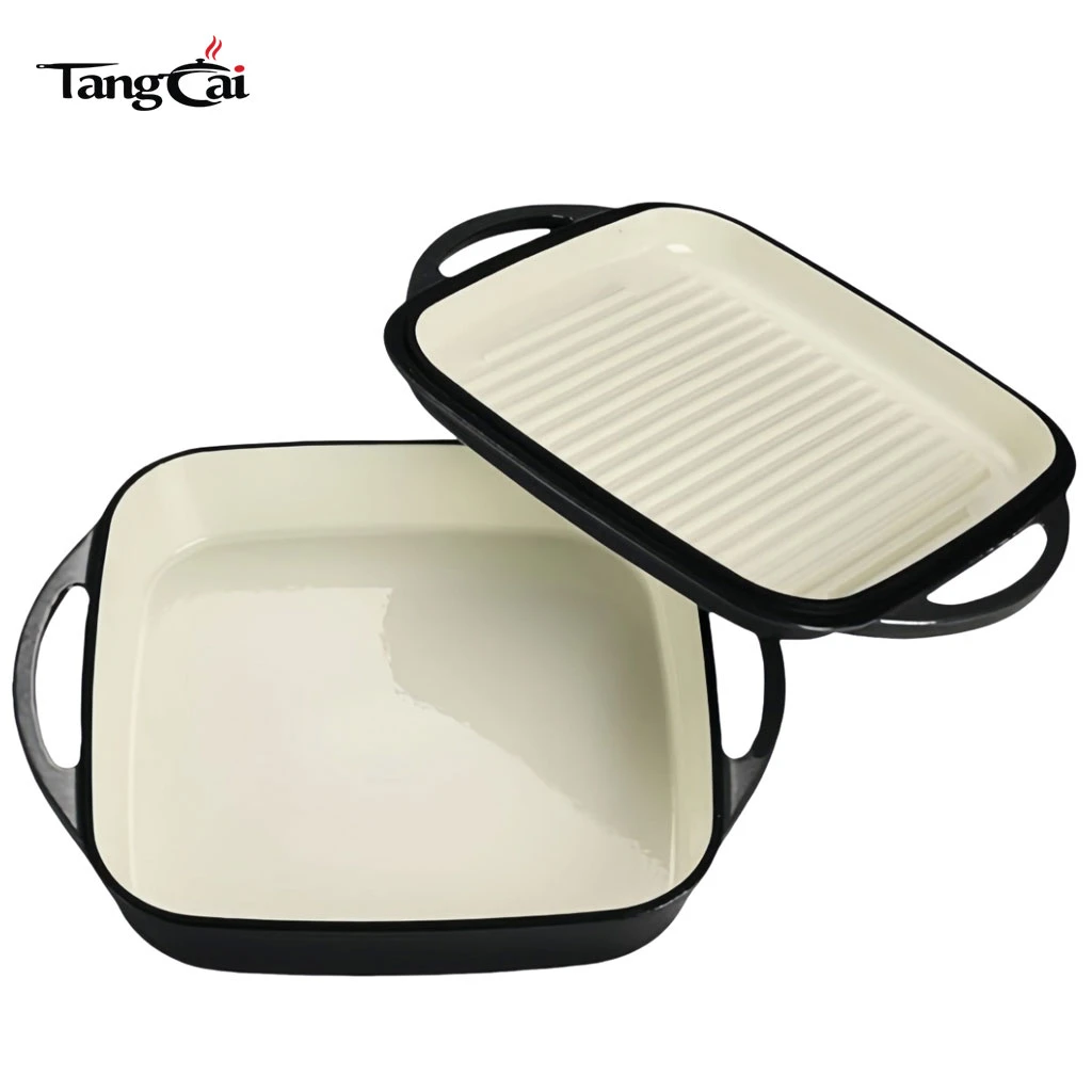 Cuisini&egrave;re combin&eacute;e 2-en-1 en fonte &eacute;maill&eacute;e blanc cr&egrave;me, r&ocirc;tissoire carr&eacute;e avec couvercle de gril