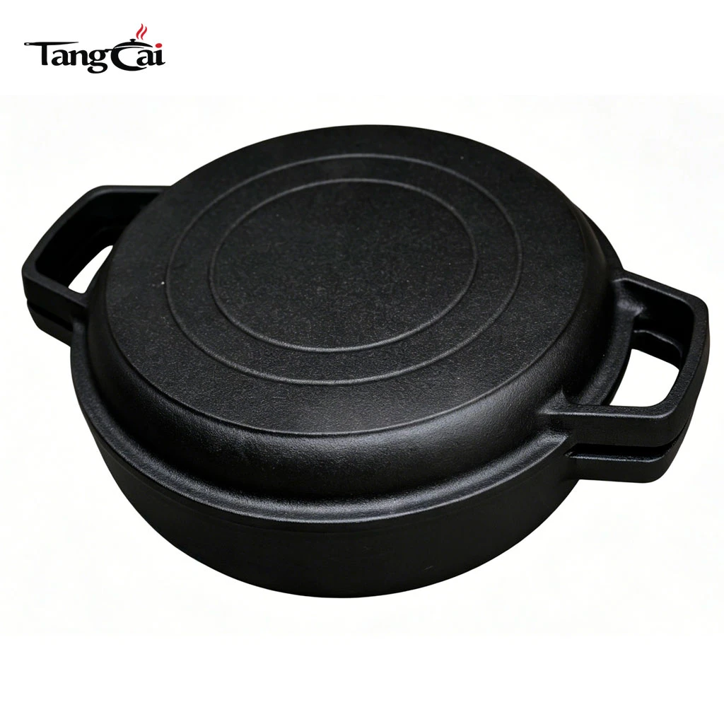 Vente en gros de cuisini&egrave;re combin&eacute;e 2-en-1 en fonte pr&eacute;-enduite, machine &agrave; pain ronde et r&ocirc;tissoire