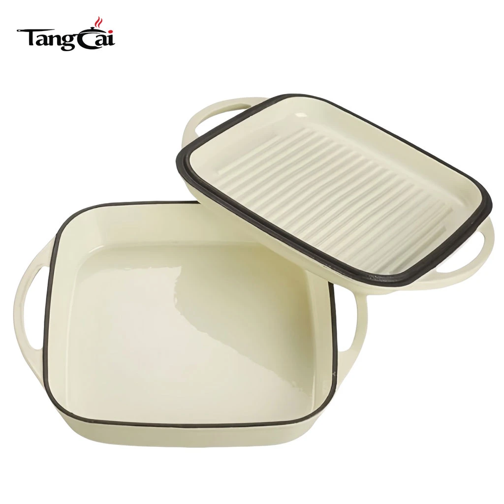 Cuisini&egrave;re combin&eacute;e 2-en-1 en fonte &eacute;maill&eacute;e blanc cr&egrave;me, r&ocirc;tissoire carr&eacute;e avec couvercle de gril