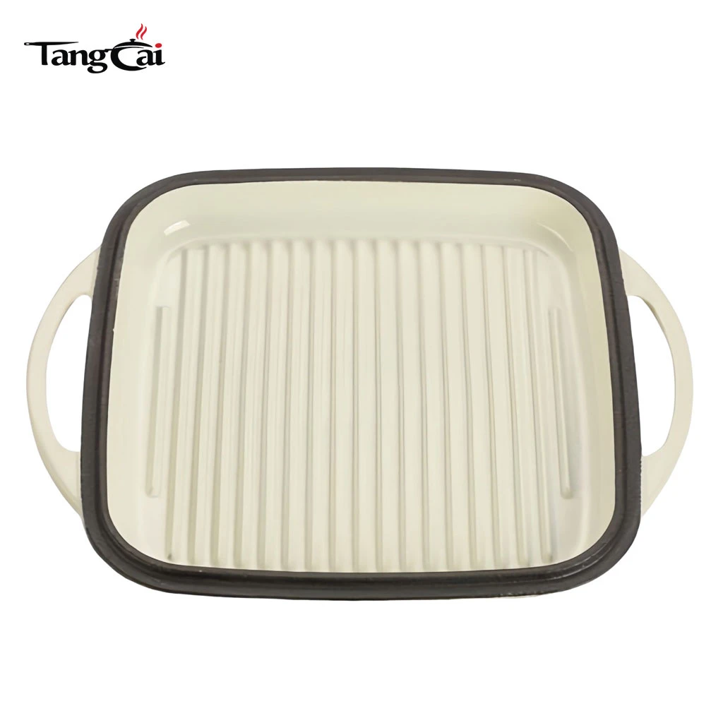 Cuisini&egrave;re combin&eacute;e 2-en-1 en fonte &eacute;maill&eacute;e blanc cr&egrave;me, r&ocirc;tissoire carr&eacute;e avec couvercle de gril