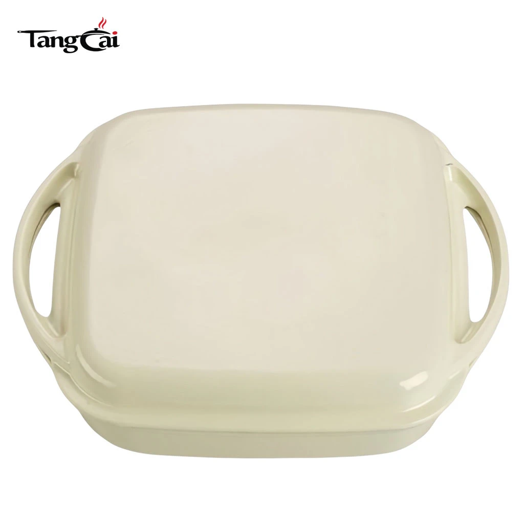 Cuisini&egrave;re combin&eacute;e 2-en-1 en fonte &eacute;maill&eacute;e blanc cr&egrave;me, r&ocirc;tissoire carr&eacute;e avec couvercle de gril