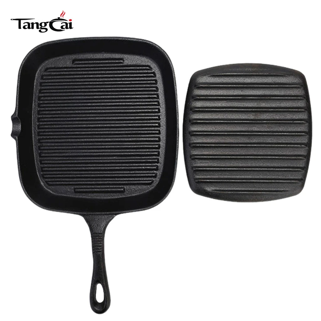 2&nbsp;pi&egrave;ces Kit de plaque chauffante carr&eacute;e en fonte, po&ecirc;le &agrave; griller stri&eacute;e + presse &agrave; steak en fonte