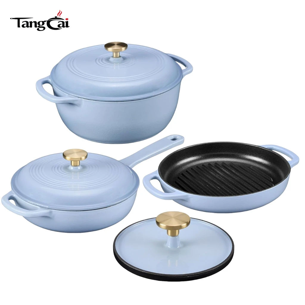 Vente en gros de 4&nbsp;pi&egrave;ces de batterie de cuisine en fonte &eacute;maill&eacute;e&nbsp;&ndash;&nbsp;Ensemble de four hollandais antiadh&eacute;sif et de po&ecirc;les &agrave; griller