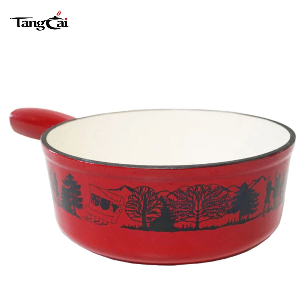 Casserole &agrave; fondue en fonte &eacute;maill&eacute;e rouge personnalis&eacute;e avec motif panoramique imprim&eacute;