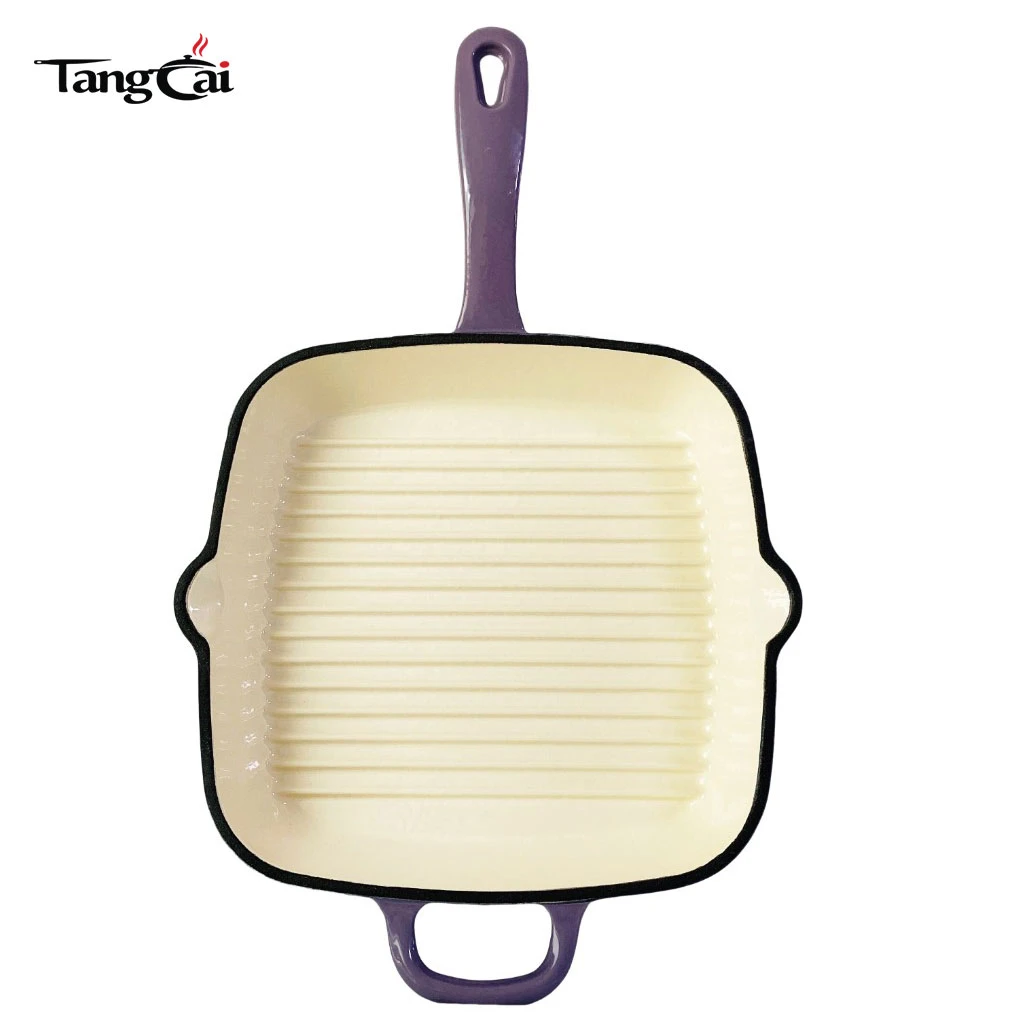 Po&ecirc;le grill carr&eacute;e en fonte &eacute;maill&eacute;e de grande taille avec double bec verseur