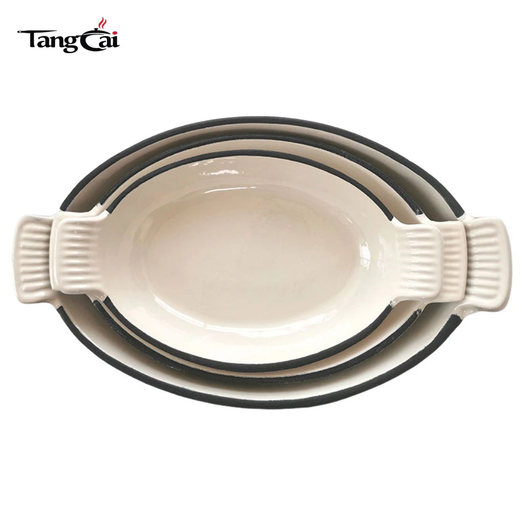 Ensemble de 3 plats de cuisson ovales en fonte &eacute;maill&eacute;e, po&ecirc;le &agrave; gratin empilable en gros