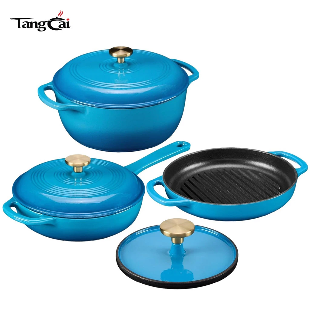 Vente en gros de 4&nbsp;pi&egrave;ces de batterie de cuisine en fonte &eacute;maill&eacute;e&nbsp;&ndash;&nbsp;Ensemble de four hollandais antiadh&eacute;sif et de po&ecirc;les &agrave; griller