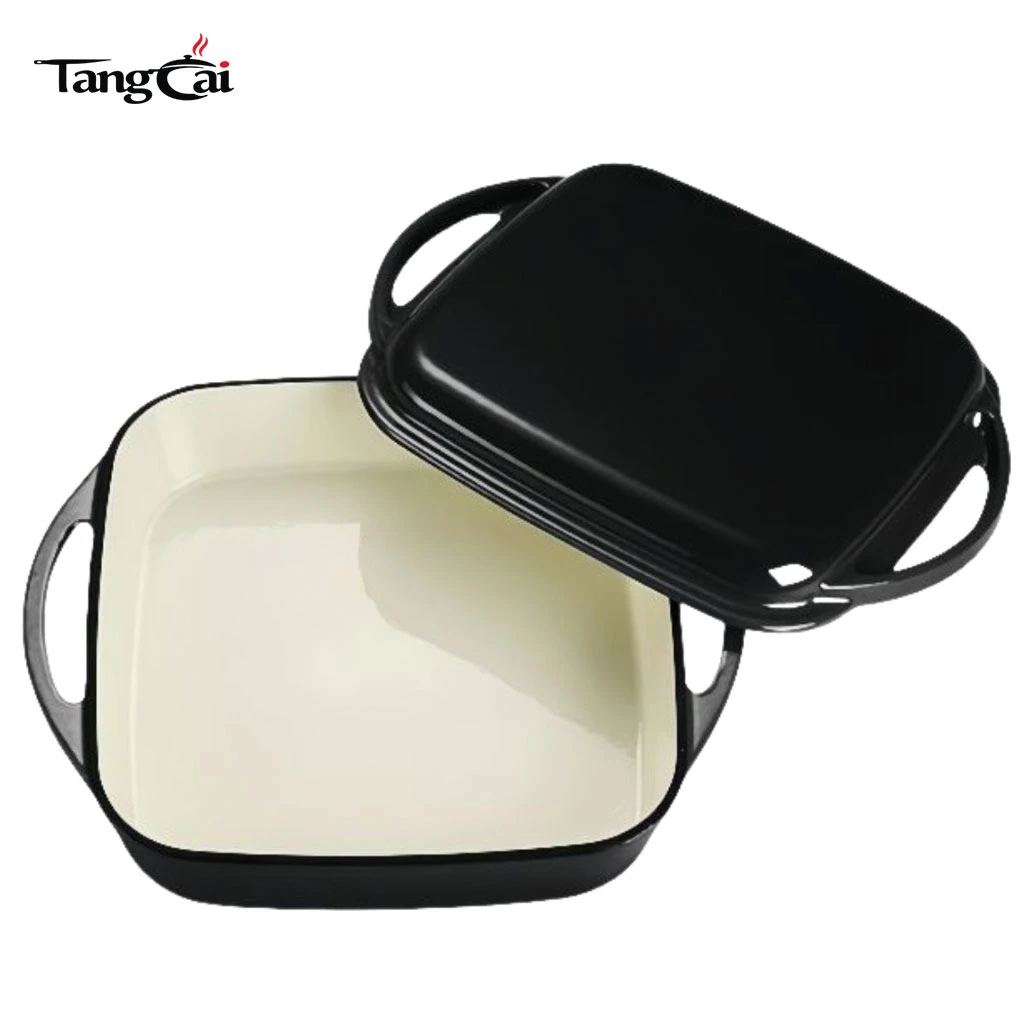 Cuisini&egrave;re combin&eacute;e 2-en-1 en fonte &eacute;maill&eacute;e blanc cr&egrave;me, r&ocirc;tissoire carr&eacute;e avec couvercle de gril