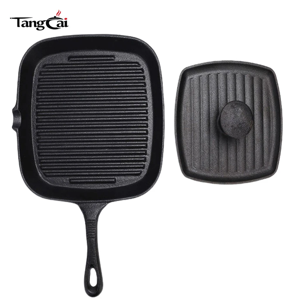 2&nbsp;pi&egrave;ces Kit de plaque chauffante carr&eacute;e en fonte, po&ecirc;le &agrave; griller stri&eacute;e + presse &agrave; steak en fonte