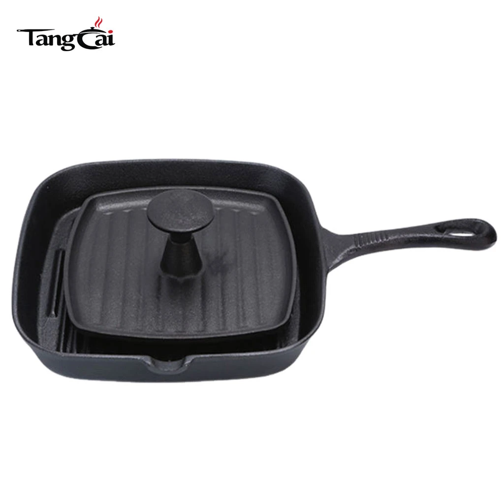 2&nbsp;pi&egrave;ces Kit de plaque chauffante carr&eacute;e en fonte, po&ecirc;le &agrave; griller stri&eacute;e + presse &agrave; steak en fonte
