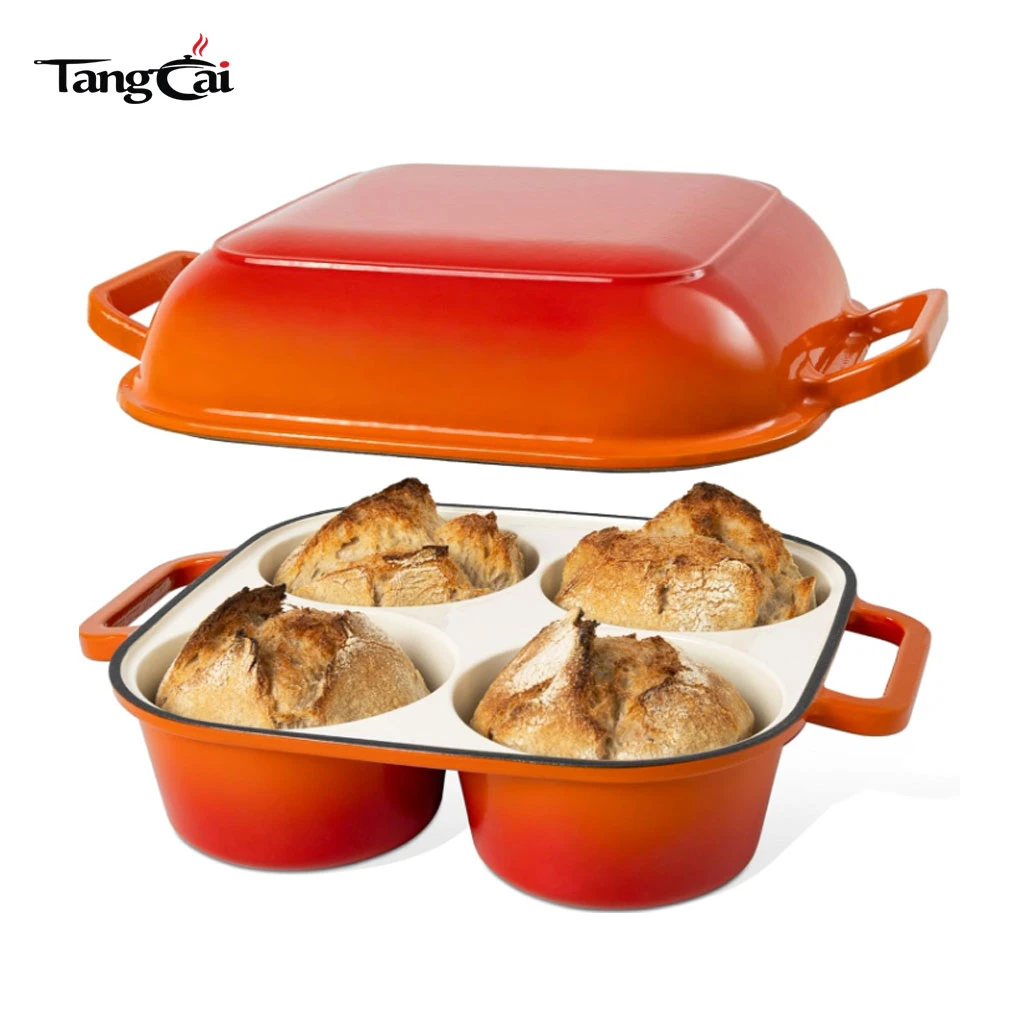 Moule &agrave; pain en fonte &eacute;maill&eacute;e de 4 tasses, cuiseur combin&eacute; 2 en 1 avec couvercle, mini plat de cuisson de pain au levain pour les acheteurs internationaux