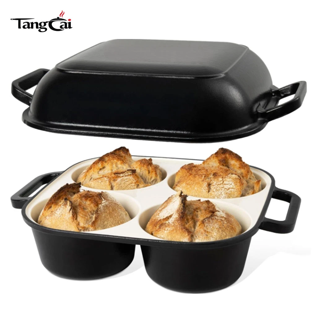 Moule &agrave; pain en fonte &eacute;maill&eacute;e de 4 tasses, cuiseur combin&eacute; 2 en 1 avec couvercle, mini plat de cuisson de pain au levain pour les acheteurs internationaux