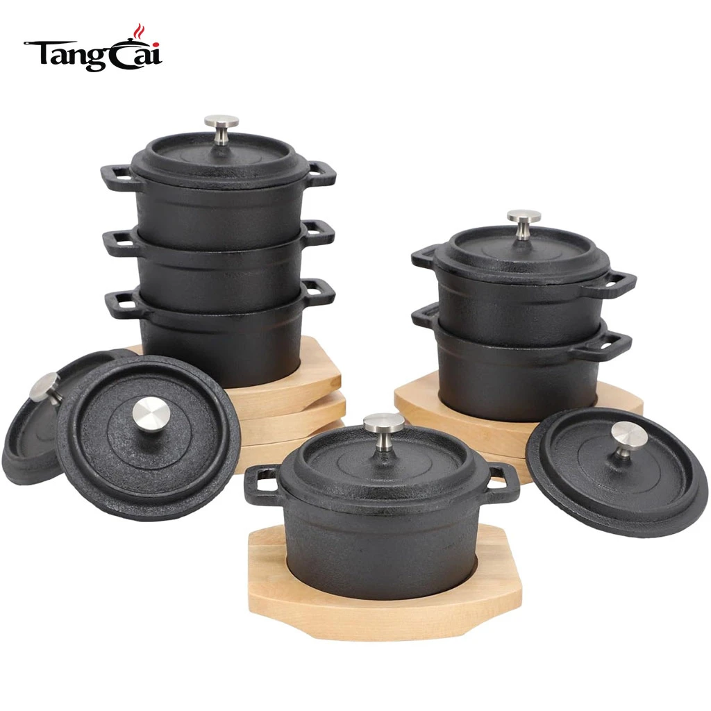 Mini Ensemble cocotte en fonte pr&eacute;-assaisonn&eacute;e avec couvercles et dessous de plat en bois, petits fours hollandais pour la cuisson, le service et les repas individuels