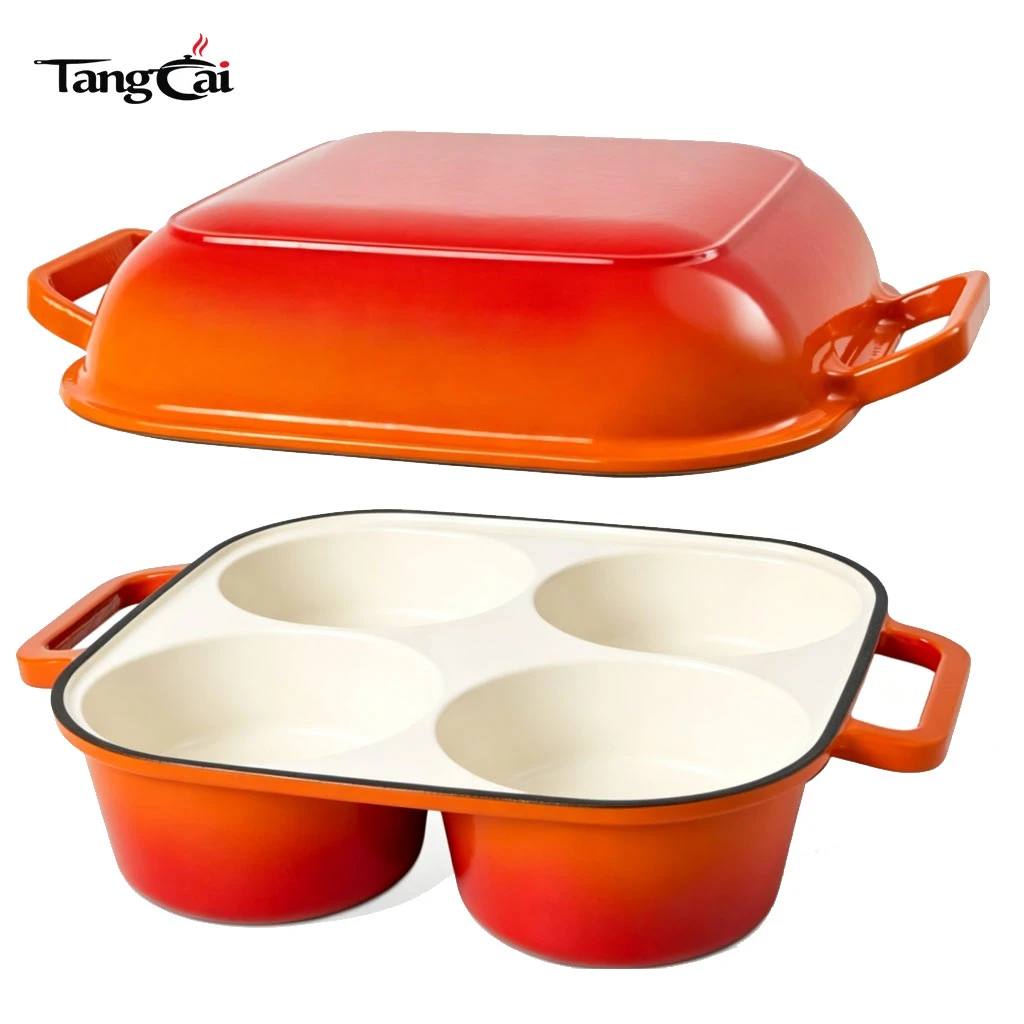 Moule &agrave; pain en fonte &eacute;maill&eacute;e de 4 tasses, cuiseur combin&eacute; 2 en 1 avec couvercle, mini plat de cuisson de pain au levain pour les acheteurs internationaux