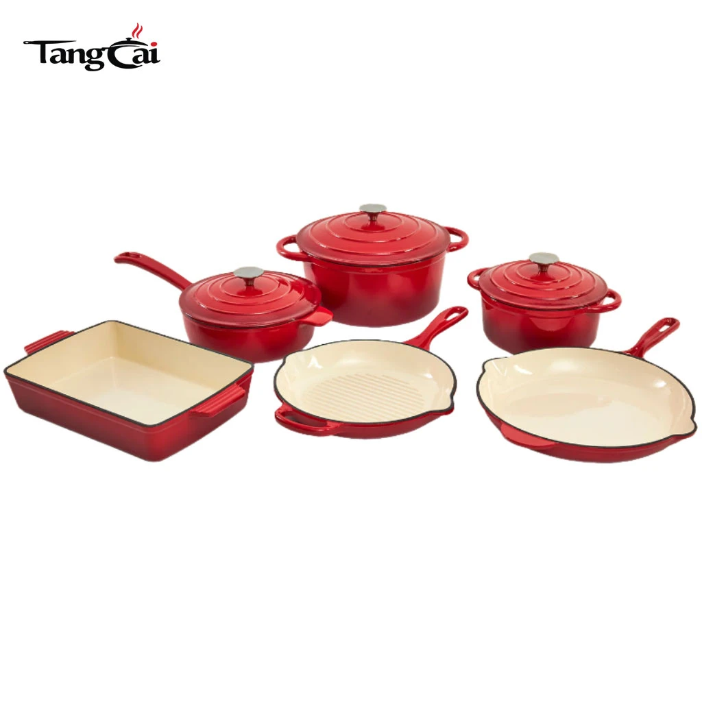 Batterie de cuisine de luxe personnalis&eacute;e en fonte &eacute;maill&eacute;e de 6&nbsp;pi&egrave;ces - Casseroles et po&ecirc;les rouge brillant