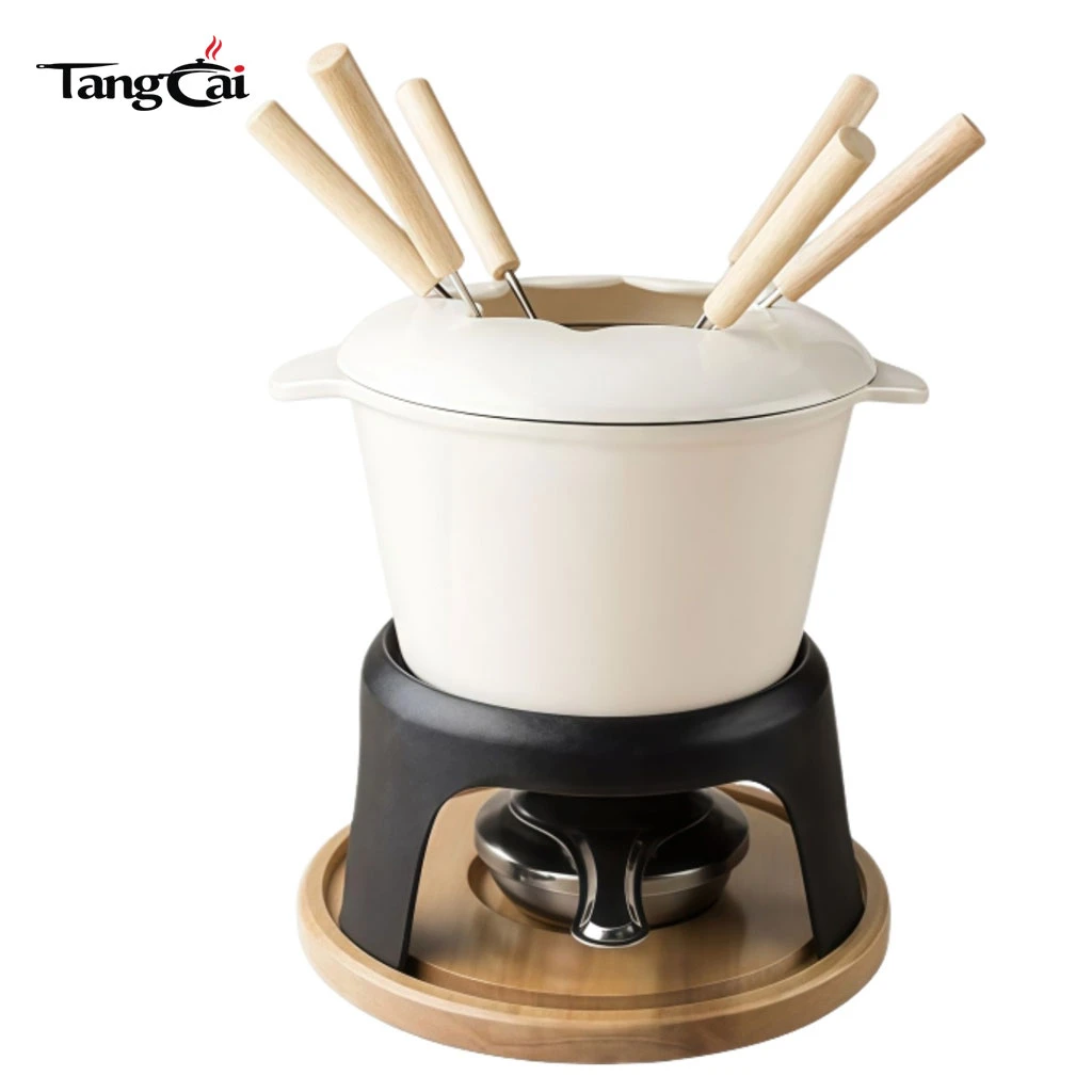 Service &agrave; fondue en fonte &eacute;maill&eacute;e avec support et fourchettes en m&eacute;tal, fondoir &agrave; chocolat 1,6 QT
