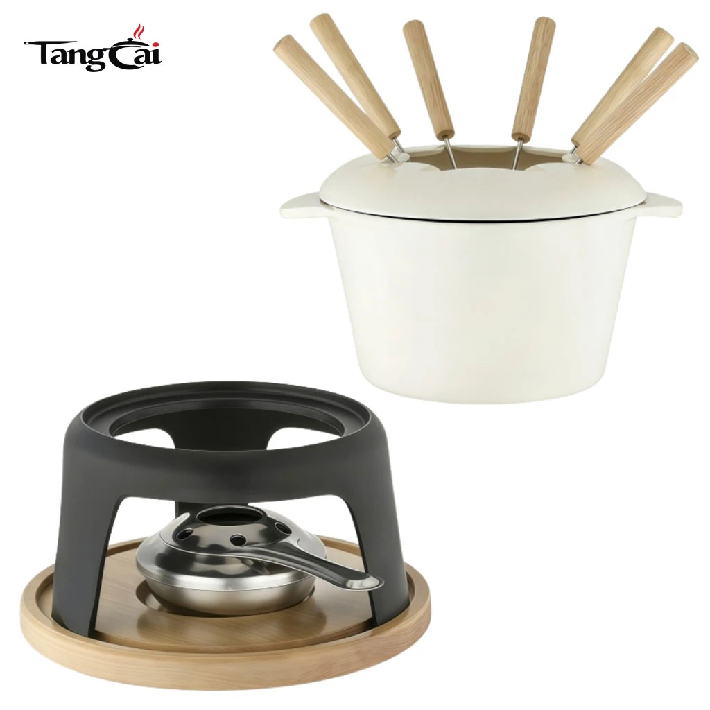 Service &agrave; fondue en fonte &eacute;maill&eacute;e avec support et fourchettes en m&eacute;tal, fondoir &agrave; chocolat 1,6 QT