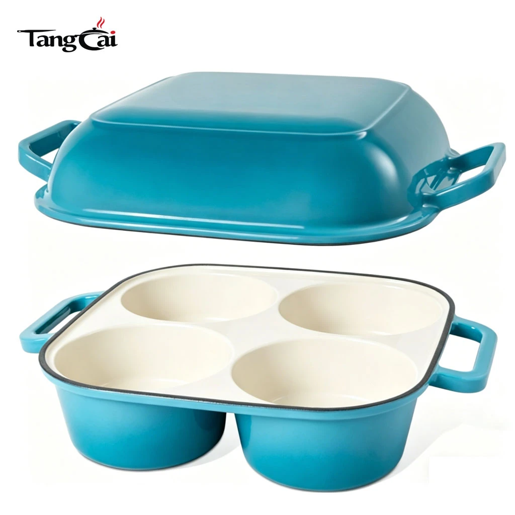 Moule &agrave; pain en fonte &eacute;maill&eacute;e de 4 tasses, cuiseur combin&eacute; 2 en 1 avec couvercle, mini plat de cuisson de pain au levain pour les acheteurs internationaux