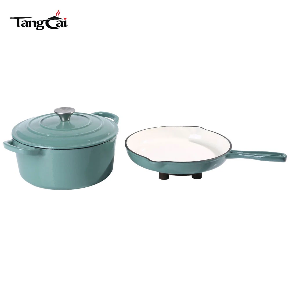 Bleu sarcelle brillant, 2&nbsp;pi&egrave;ces Batterie de cuisine en fonte &eacute;maill&eacute;e