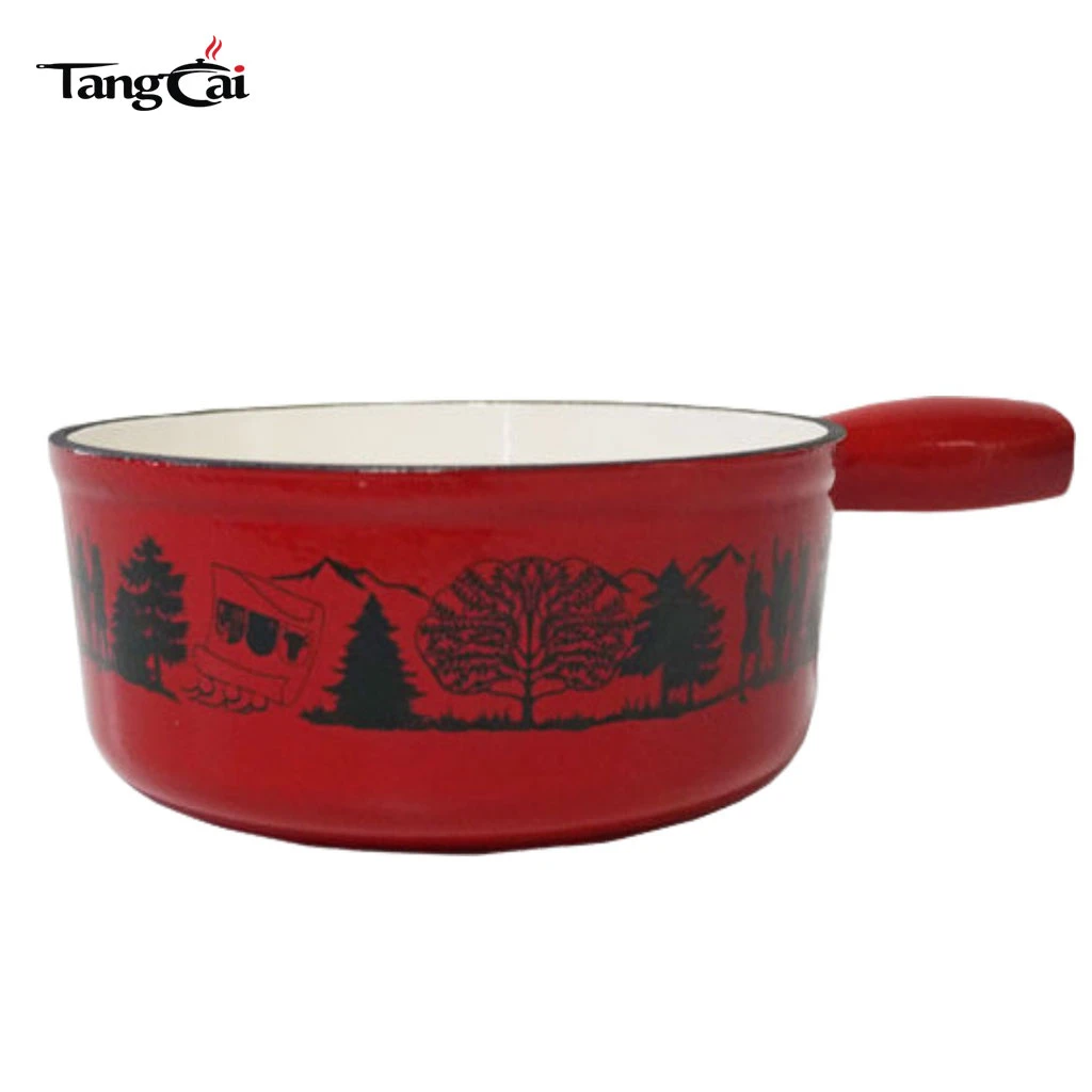 Casserole &agrave; fondue en fonte &eacute;maill&eacute;e rouge personnalis&eacute;e avec motif panoramique imprim&eacute;
