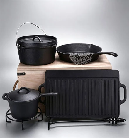 Batterie de cuisine d'ext&eacute;rieur en fonte de qualit&eacute; sup&eacute;rieure, 7 pi&egrave;ces